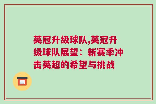 英冠升級球隊,英冠升級球隊展望:新賽季沖擊英超的希望與挑戰 英冠升級球隊,英冠升級球隊展望:新賽季沖擊英超的希望與挑戰