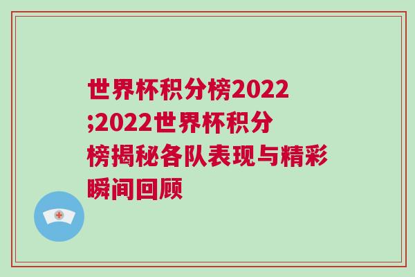 世界杯積分榜2022;2022世界杯積分榜揭秘各隊表現與精彩瞬間回顧