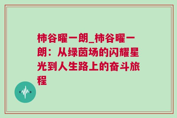 柿谷曜一朗_柿谷曜一朗:從綠茵場的閃耀星光到人生路上的奮斗旅程