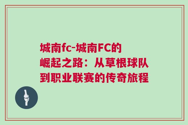 城南fc-城南FC的崛起之路:從草根球隊到職業聯賽的傳奇旅程