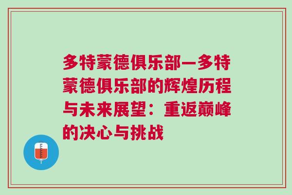 多特蒙德俱樂部—多特蒙德俱樂部的輝煌歷程與未來展望：重返巔峰的決心與挑戰
