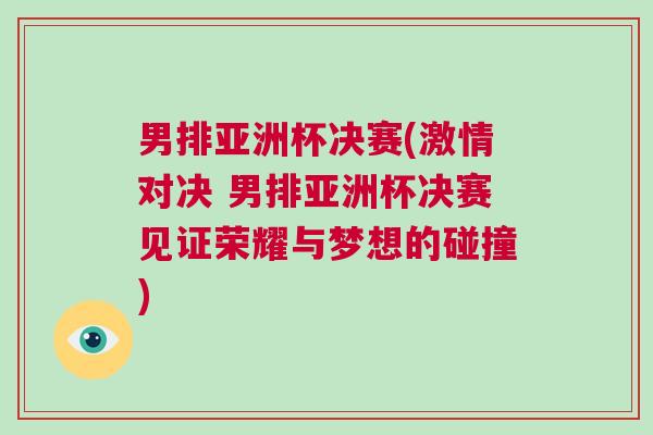 男排亞洲杯決賽(激情對決 男排亞洲杯決賽見證榮耀與夢想的碰撞)