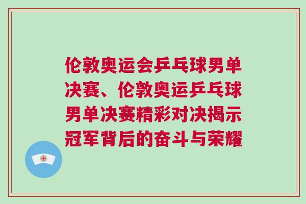 倫敦奧運會乒乓球男單決賽、倫敦奧運乒乓球男單決賽精彩對決揭示冠軍背后的奮斗與榮耀