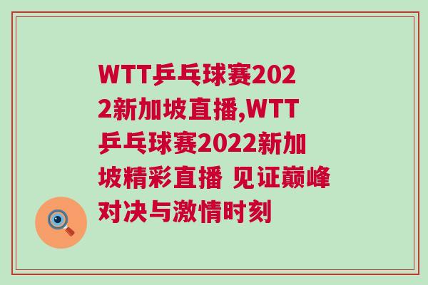 WTT乒乓球賽2022新加坡直播,WTT乒乓球賽2022新加坡精彩直播 見證巔峰對決與激情時刻